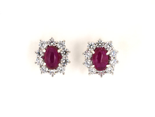 54546 - Platinum Cabochon Ruby Diamond Cluster Earrings