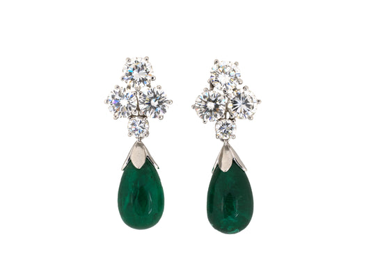 54549 - Circa 1950s Platinum Diamond Emerald Drop Dangle Earrings