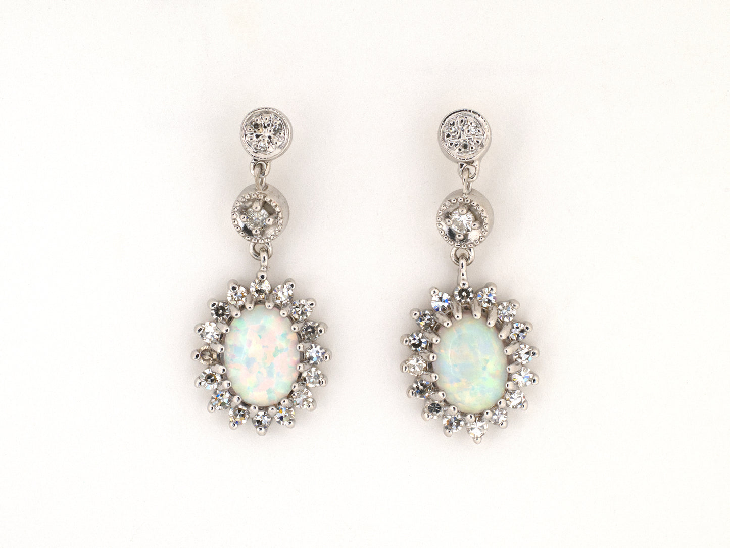 54550 - Gold Opal Diamond Oval Cluster Dangle Drop Earrings