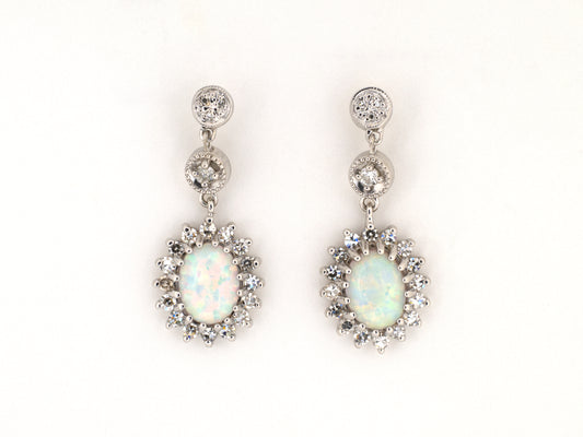 54550 - Gold Opal Diamond Oval Cluster Dangle Drop Earrings