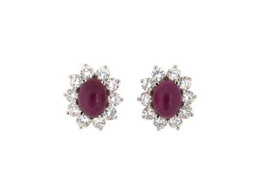 54552 - Platinum AGL Cabochon Ruby Diamond Cluster Earrings