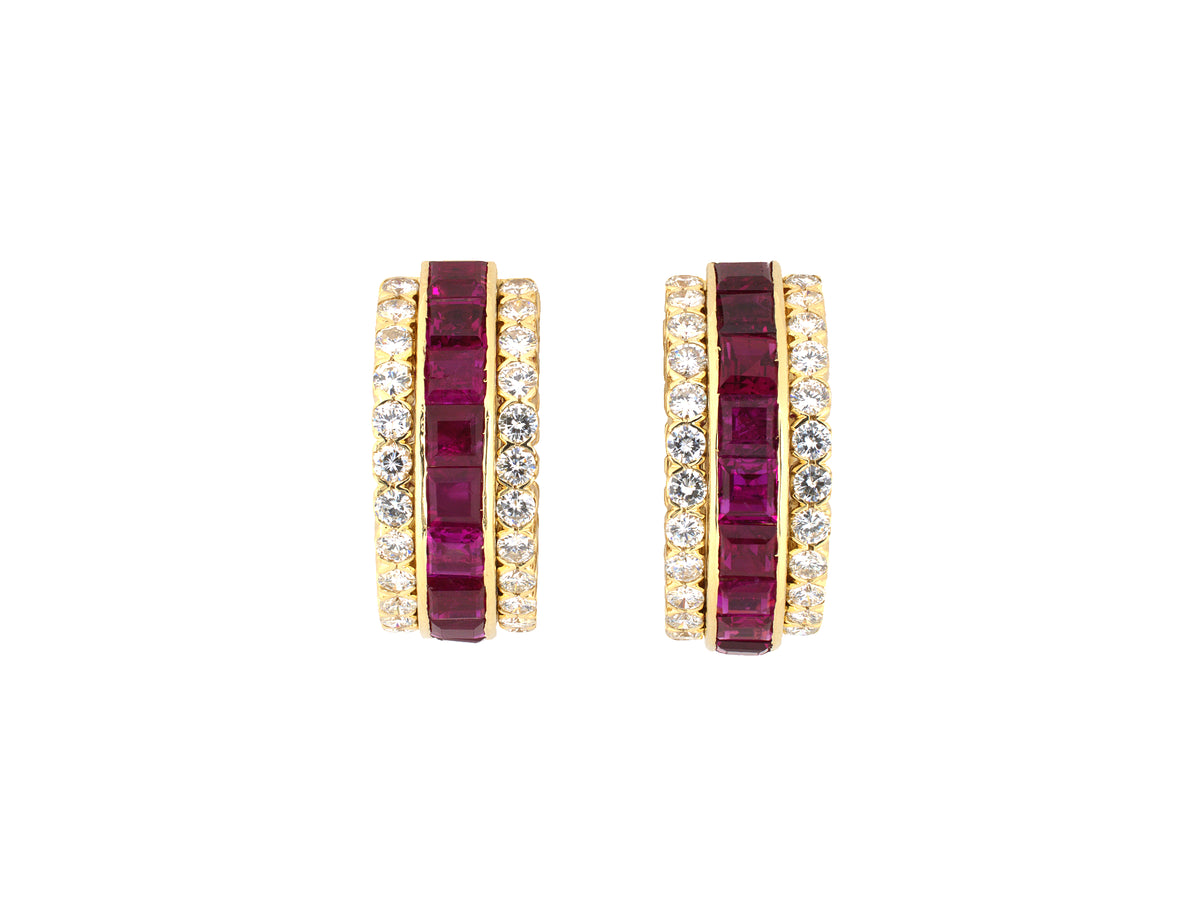 54562 - Circa 1977 Van Cleef & Arpels Gazelle Gold Ruby Diamond 3-Row Hoop Earrings