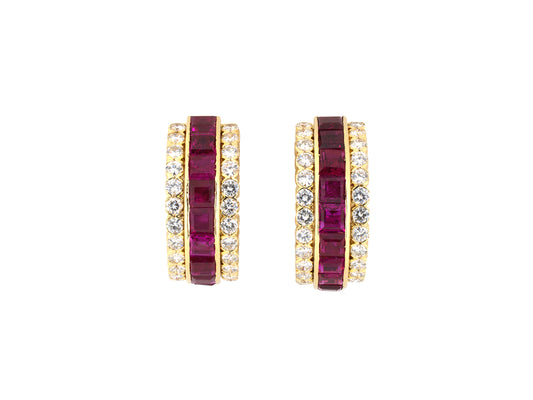 54562 - Circa 1977 Van Cleef & Arpels Gazelle Gold Ruby Diamond 3-Row Hoop Earrings