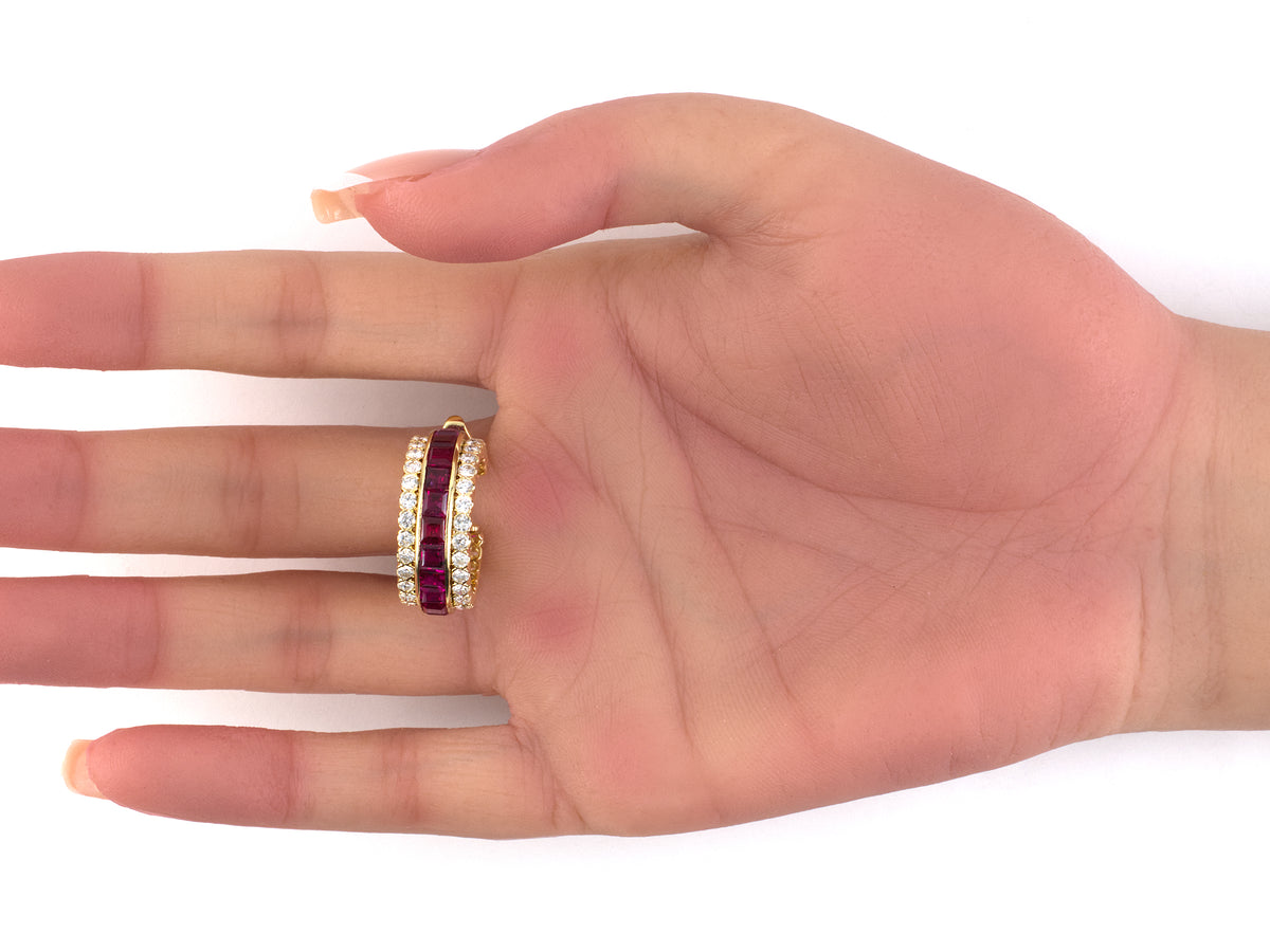 54562 - Circa 1977 Van Cleef & Arpels Gazelle Gold Ruby Diamond 3-Row Hoop Earrings