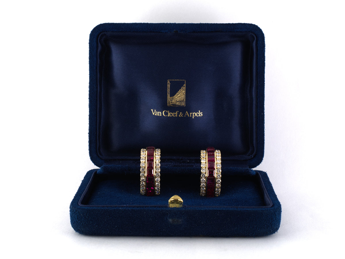 54562 - Circa 1977 Van Cleef & Arpels Gazelle Gold Ruby Diamond 3-Row Hoop Earrings
