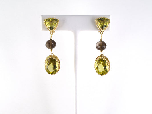 54563 - Gold Green-Yellow Beryl Smoky Quartz Drop Earrings