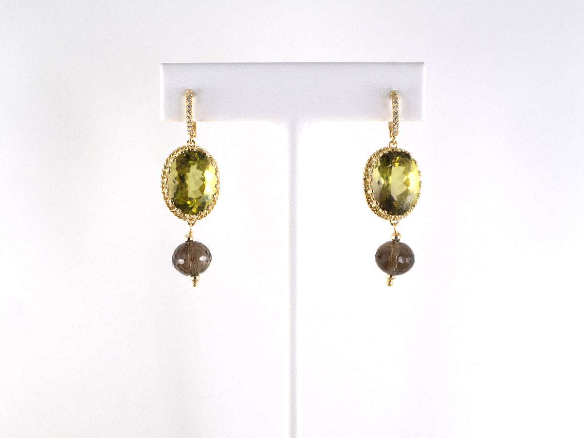 54564 - Gold Green-Yellow Beryl Smoky Quartz Drop Earrings