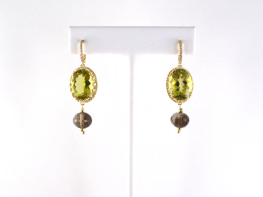 54565 - Gold Green-Yellow Beryl Smoky Quartz Drop Earrings