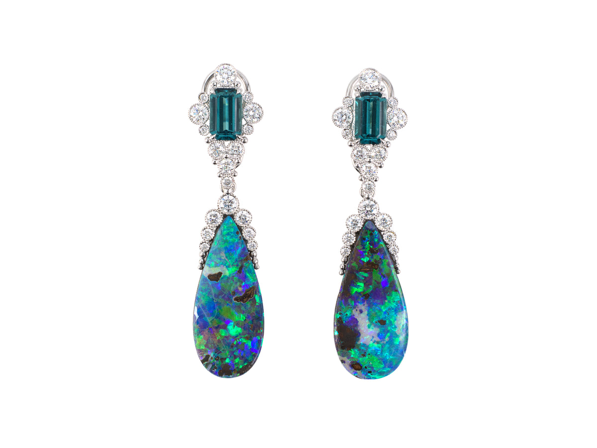 54568 - Platinum Diamond Blue Tourmaline Black Opal Removable Drop Earrings