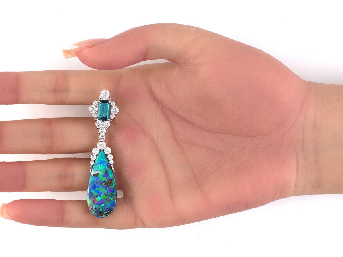 54568 - Platinum Diamond Blue Tourmaline Black Opal Removable Drop Earrings