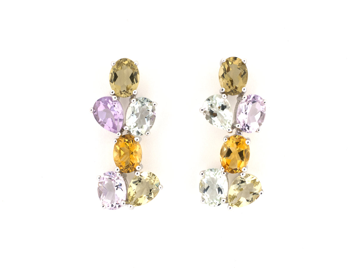 54574 - Gold Citrine Amethyst Quartz Floral Cluster Drop Earrings