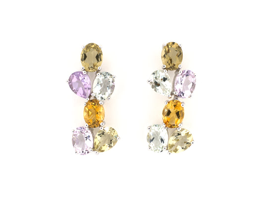 54574 - Gold Citrine Amethyst Quartz Floral Cluster Drop Earrings
