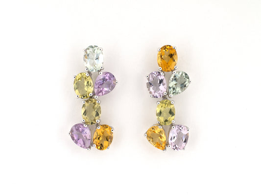 54575 - Gold Citrine Amethyst Quartz Floral Cluster Drop Earrings