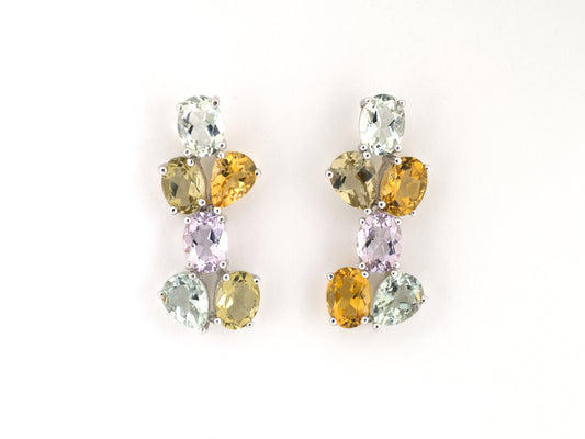54577 - Gold Citrine Amethyst Quartz Floral Cluster Drop Earrings