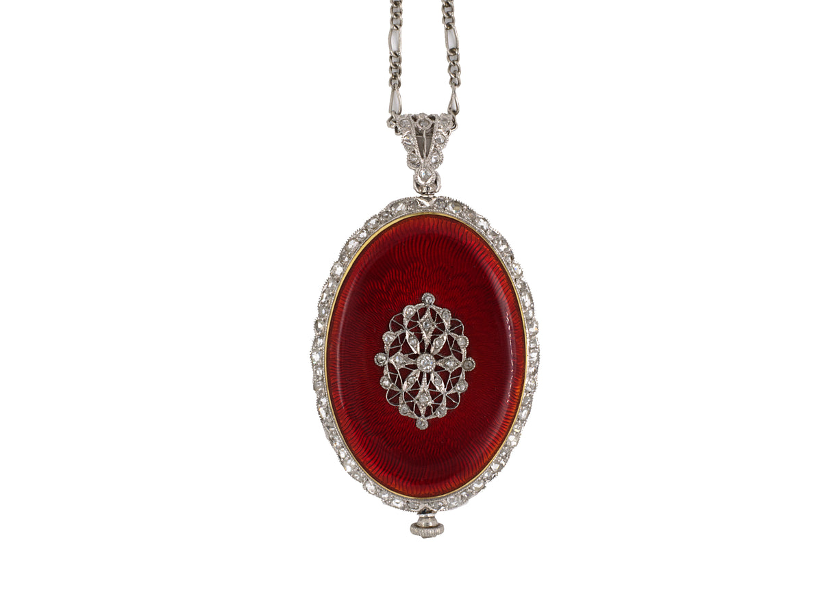 60509 - Edwardian Agassiz Platinum Gold Enamel Diamond Pendant Watch Necklace