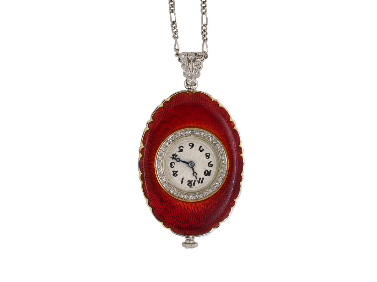 60509 - Edwardian Agassiz Platinum Gold Enamel Diamond Pendant Watch Necklace