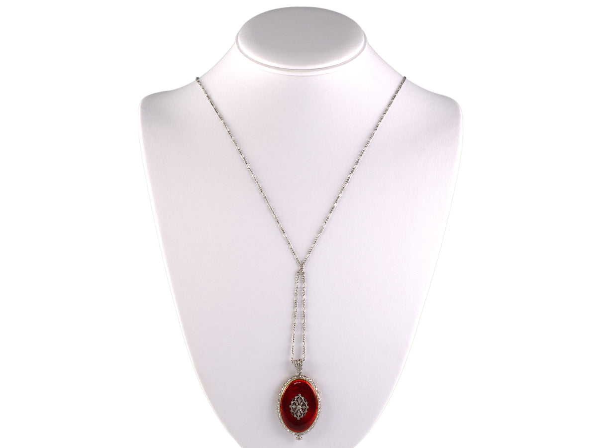 60509 - Edwardian Agassiz Platinum Gold Enamel Diamond Pendant Watch Necklace