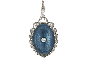 60510 - Edwardian Tissot Platinum Diamond Filigree Boarder Gold Blue Guilloche Enamel Egg Shaped Case Chatelaine Pendant Watch Sautoir Chain Necklace