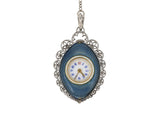 60510 - Edwardian Tissot Platinum Diamond Filigree Boarder Gold Blue Guilloche Enamel Egg Shaped Case Chatelaine Pendant Watch Sautoir Chain Necklace