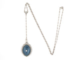 60510 - Edwardian Tissot Platinum Diamond Filigree Boarder Gold Blue Guilloche Enamel Egg Shaped Case Chatelaine Pendant Watch Sautoir Chain Necklace