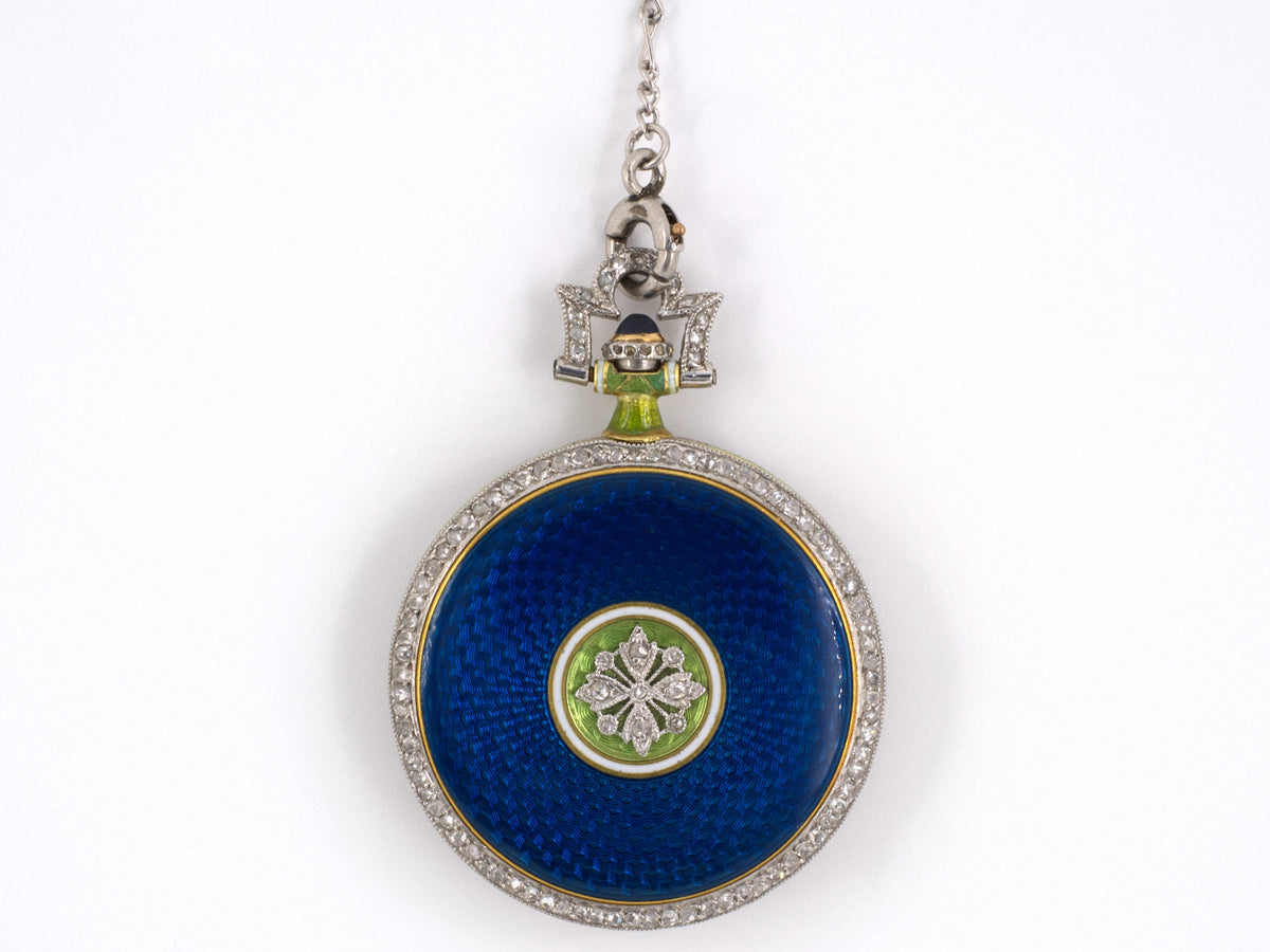 60511 - Platinum 18k Yg Blue,green,white Enamel With Dia Bezel, Bail & Floral Overlay J. Chaumet Made In France Round Chatelaine Watch