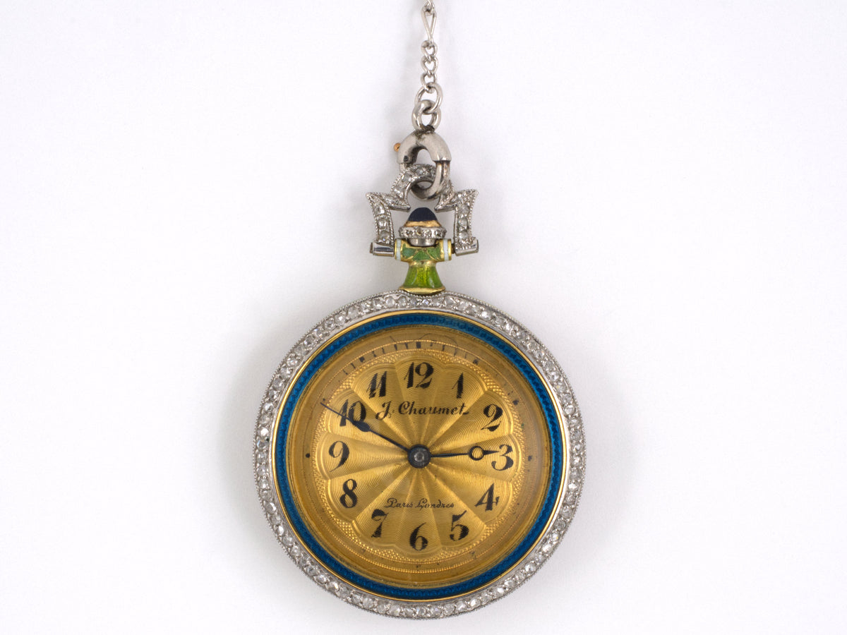 60511 - Platinum 18k Yg Blue,green,white Enamel With Dia Bezel, Bail & Floral Overlay J. Chaumet Made In France Round Chatelaine Watch