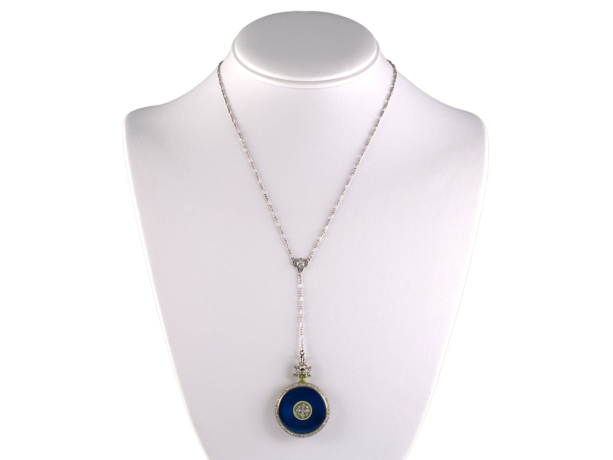 60511 - Platinum 18k Yg Blue,green,white Enamel With Dia Bezel, Bail & Floral Overlay J. Chaumet Made In France Round Chatelaine Watch
