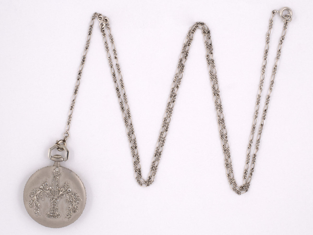 60512 - Circa 1915 Tiffany Platinum Diamond Flower Leaf Round Pendant Watch