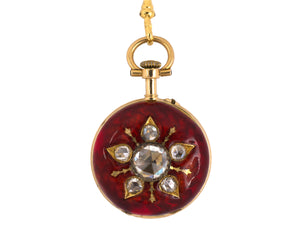 60740 - Victorian Gold Rose Diamond Red Enamel Pendant Watch