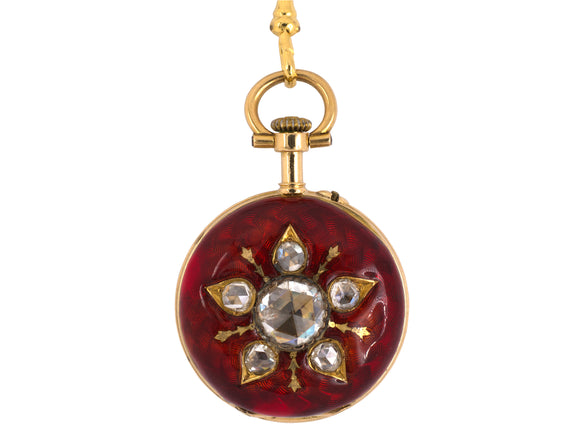 60740 - Victorian Gold Rose Diamond Red Enamel Pendant Watch