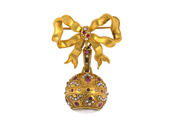 60761 - Victorian Circa 1880 Gold Ruby Pearl Ball Pendant Watch Ribbon Bow Pin