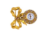 60761 - Victorian Circa 1880 Gold Ruby Pearl Ball Pendant Watch Ribbon Bow Pin