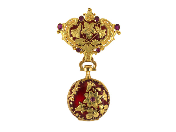 60785 - Art Nouveau Gold Ruby Enamel Floral Open Face Watch Chatelaine Pin