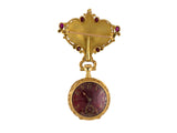 60785 - Art Nouveau Gold Ruby Enamel Floral Open Face Watch Chatelaine Pin