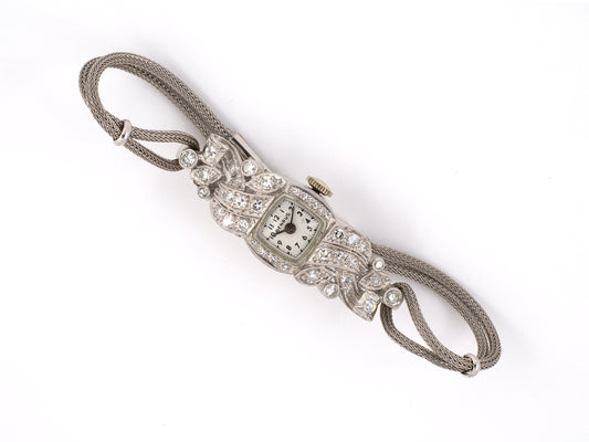 61132 - Circa 1950s Benrus Platinum Diamond Mesh Cord Attachment Swiss Watch