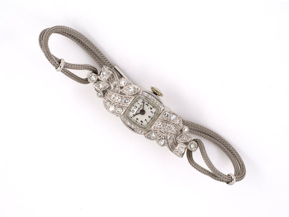 61132 - Circa 1950s Benrus Platinum Diamond Mesh Cord Attachment Swiss Watch