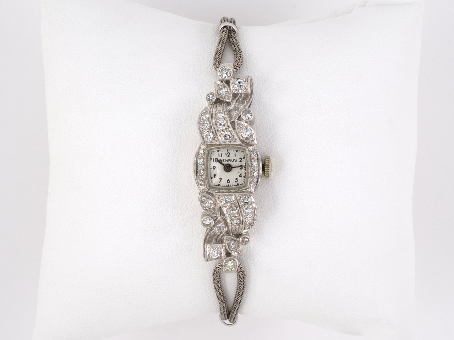 61132 - Circa 1950s Benrus Platinum Diamond Mesh Cord Attachment Swiss Watch