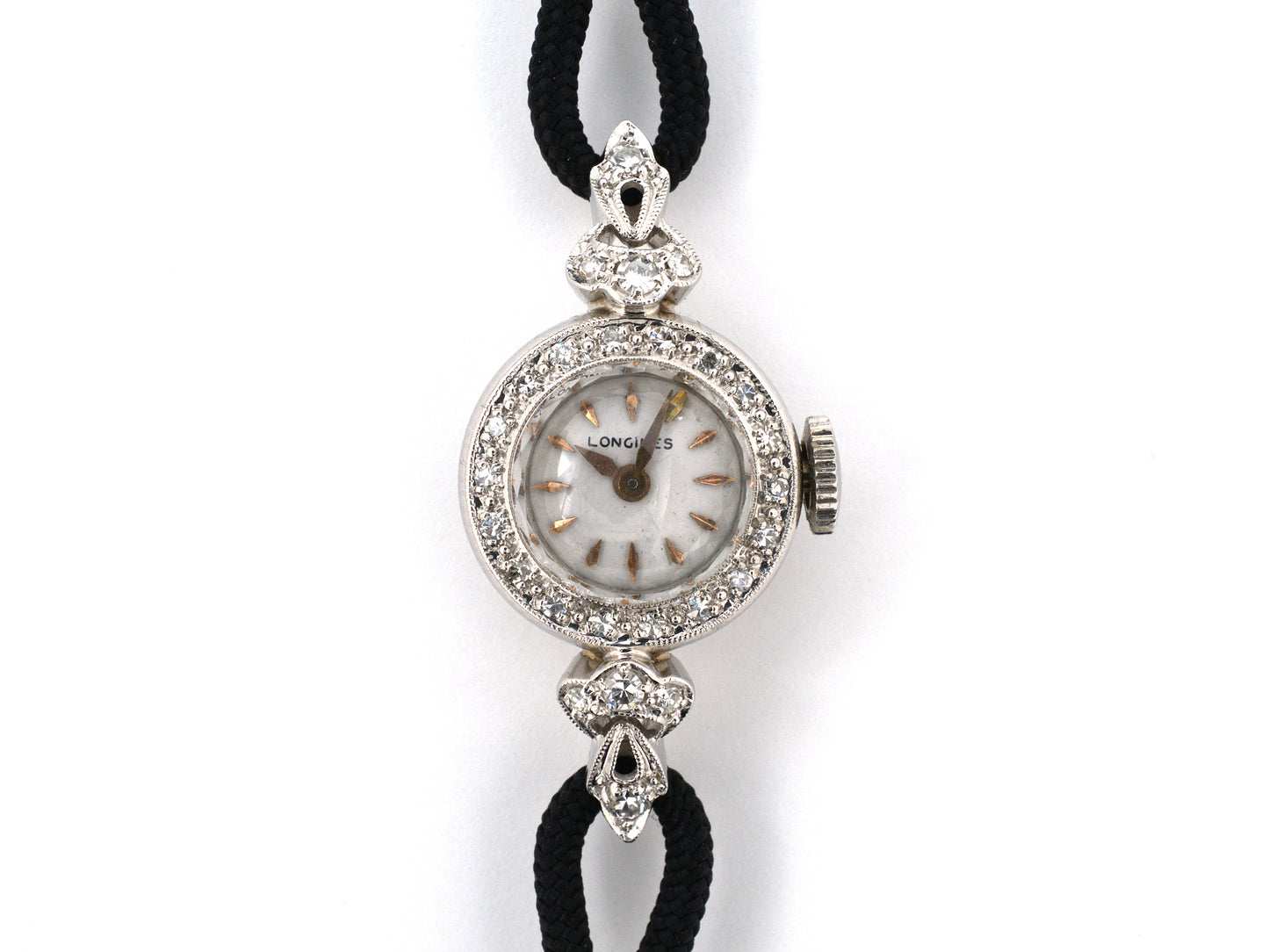 61369 - SOLD - Circa 1950s Gold Diamond "Bulova" Case "Longines" Movement Wrist Watch
