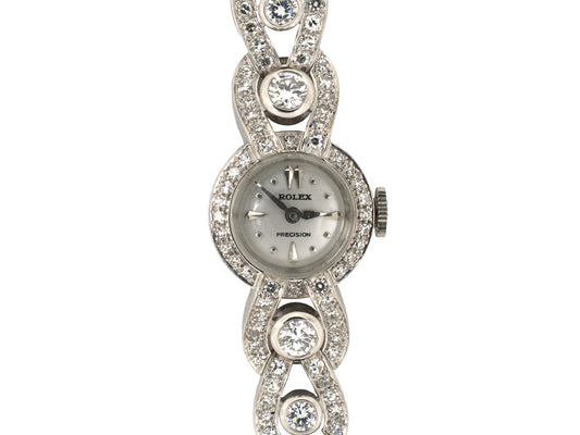 61389 - SOLD - Circa 1950s Rolex Platinum Diamond Gold Woven Link Adjustable Bracelet Watch