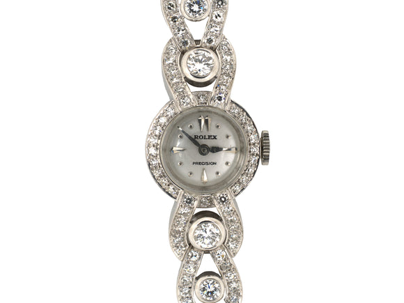 61389 - Circa 1950s Rolex Platinum Diamond Gold Woven Link Adjustable Bracelet Watch