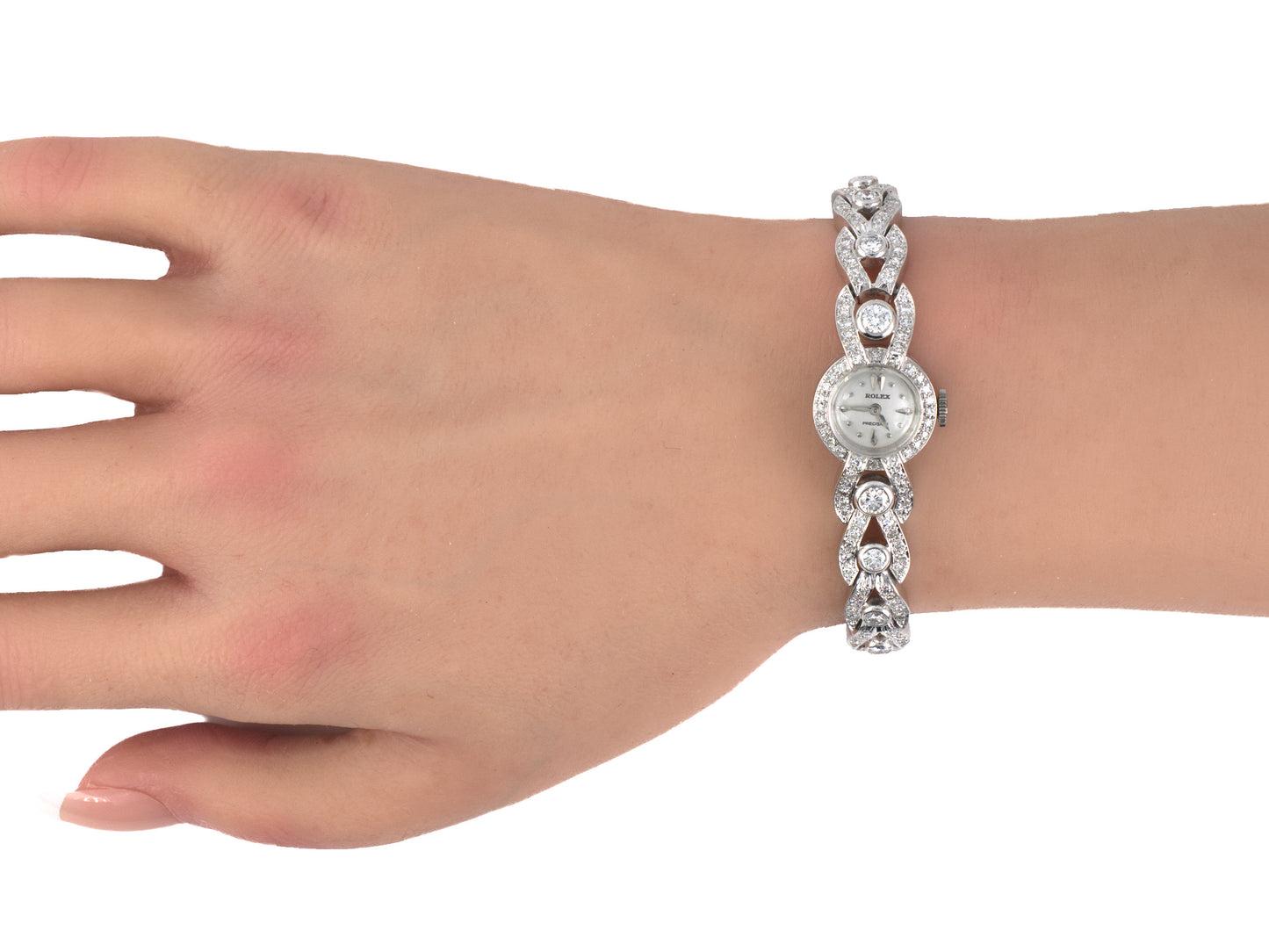 61389 - SOLD - Circa 1950s Rolex Platinum Diamond Gold Woven Link Adjustable Bracelet Watch