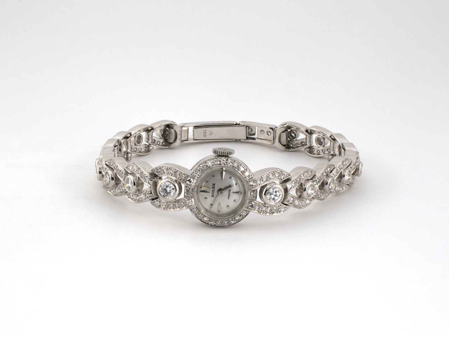 61389 - SOLD - Circa 1950s Rolex Platinum Diamond Gold Woven Link Adjustable Bracelet Watch