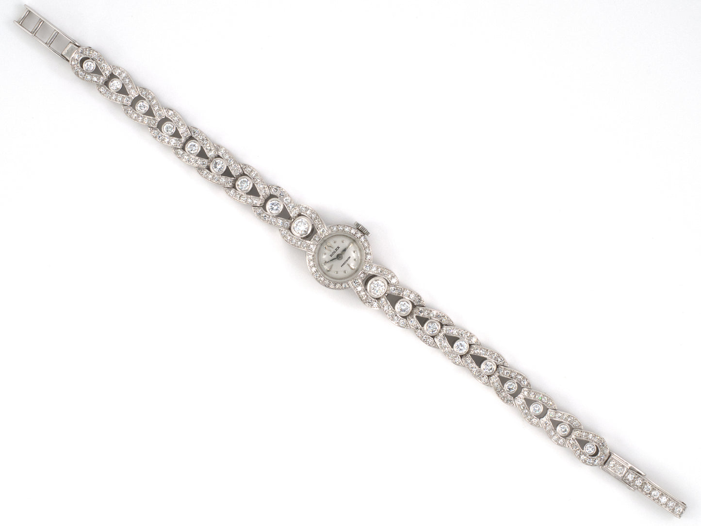 61389 - SOLD - Circa 1950s Rolex Platinum Diamond Gold Woven Link Adjustable Bracelet Watch
