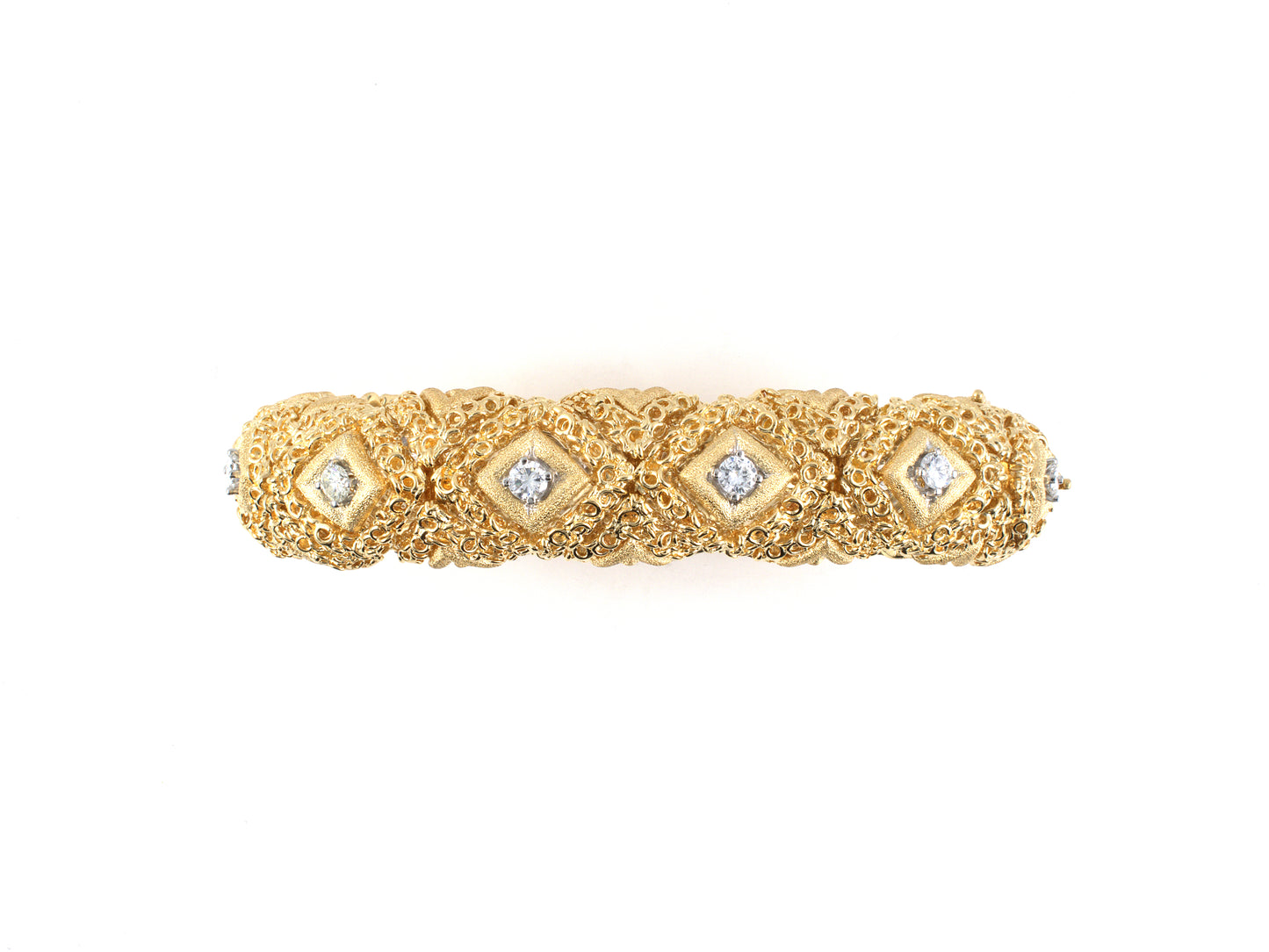 70940 - Circa 1970 Gold Diamond Flexible Stippled Domed Bracelet