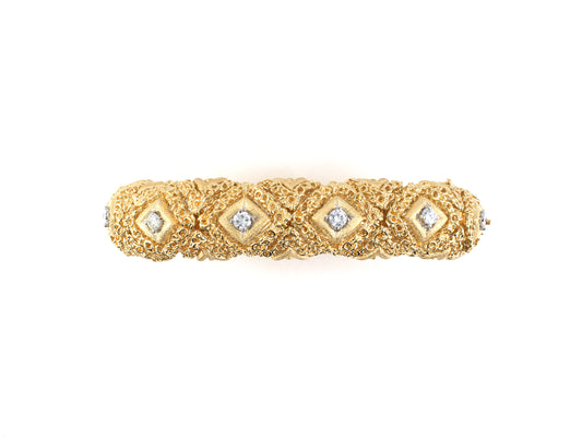 70940 - Circa 1970 Gold Diamond Flexible Stippled Domed Bracelet
