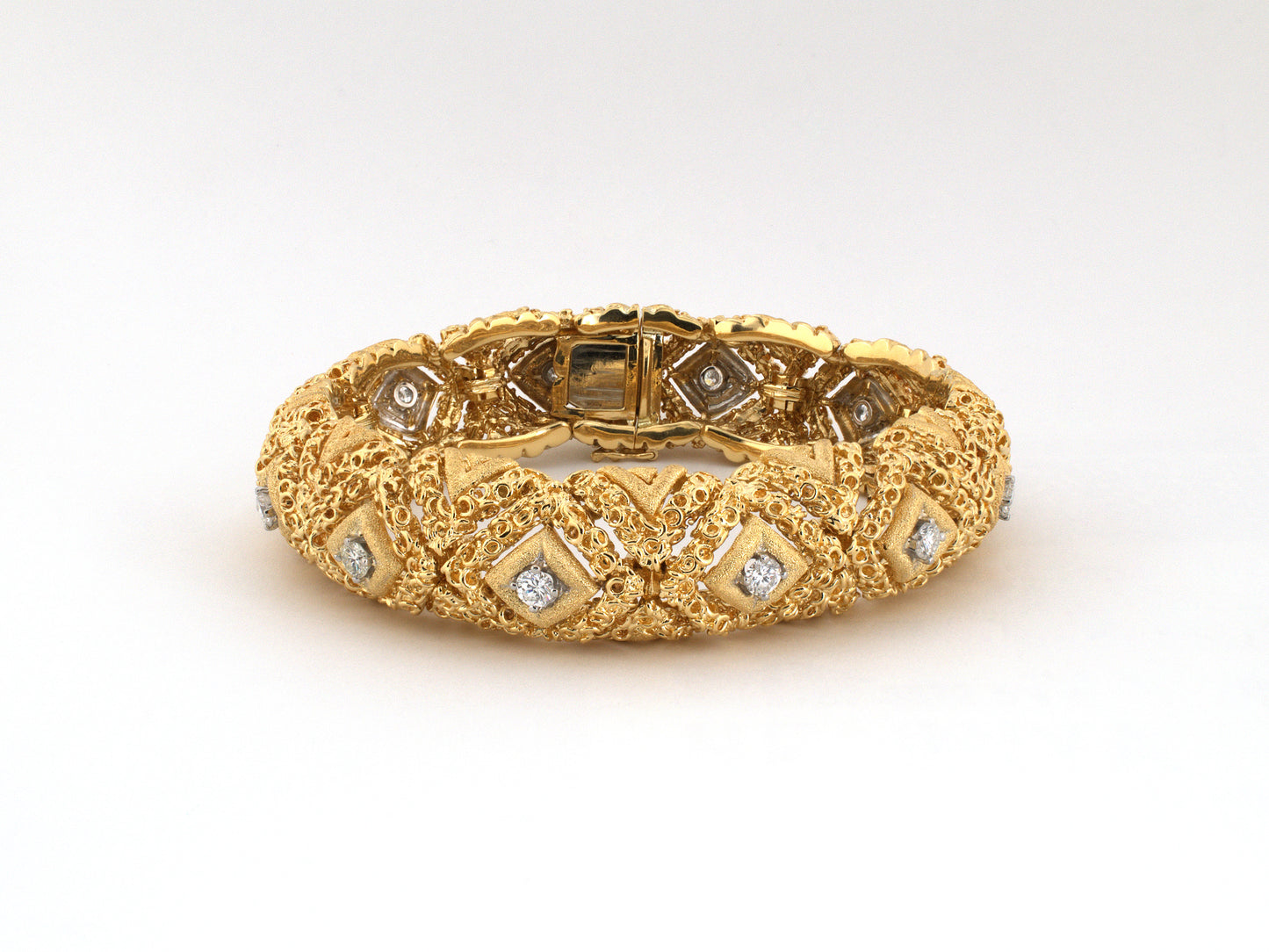 70940 - Circa 1970 Gold Diamond Flexible Stippled Domed Bracelet