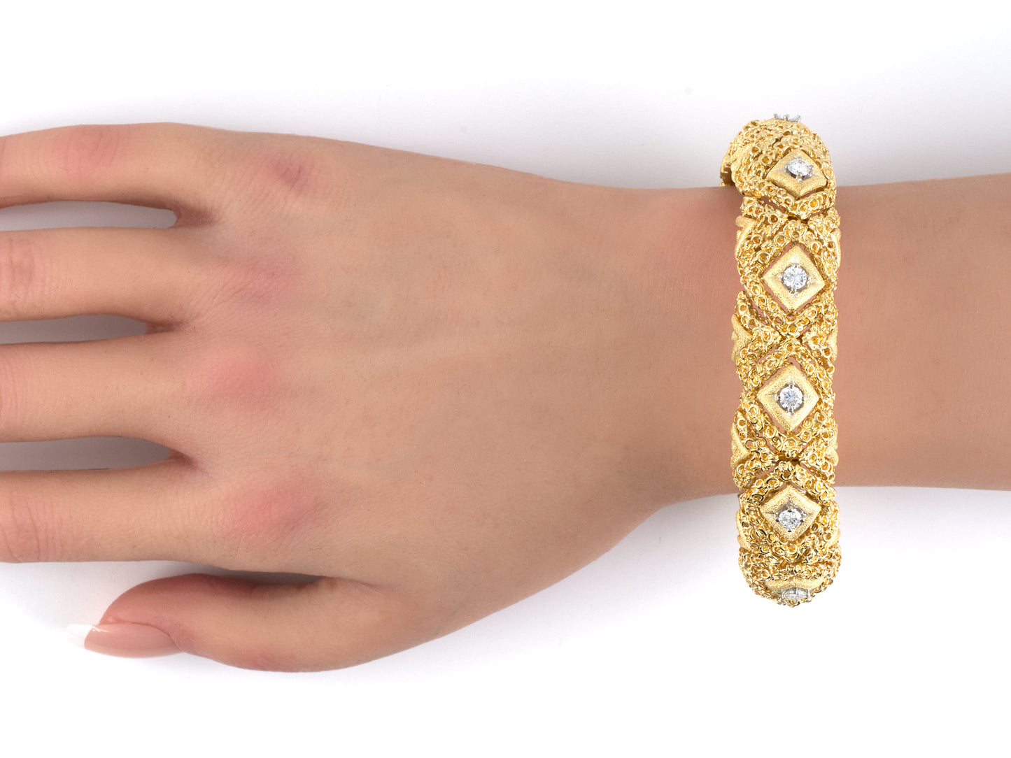 70940 - Circa 1970 Gold Diamond Flexible Stippled Domed Bracelet