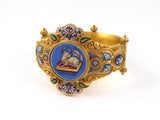 72558 - Victorian Etruscan Revival Gold Lamb Dove Floral Micro Mosaic Bangle Bracelet