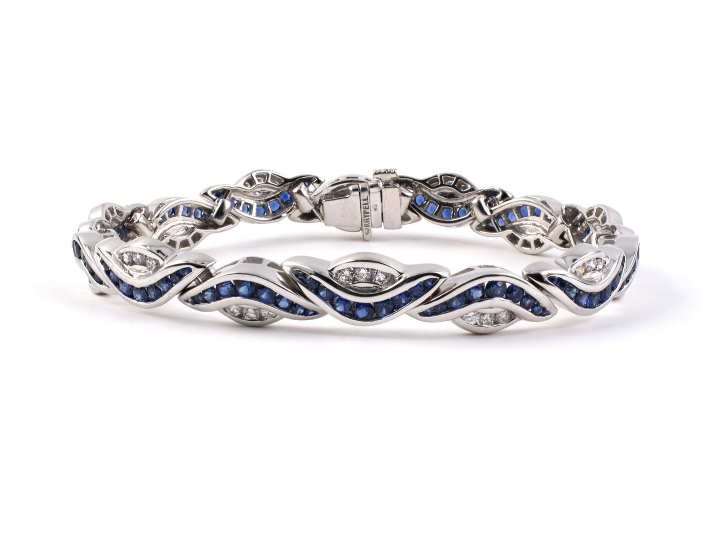 72883 - SOLD - Krypell Gold Diamond Sapphire Swirl Wave Line Bracelet