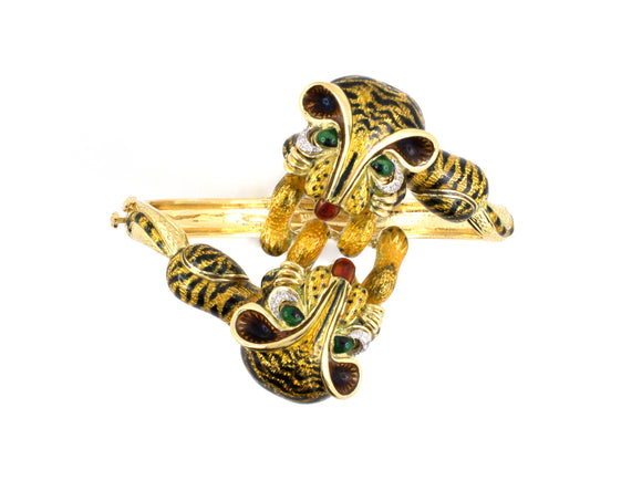 73183 - SOLD - Circa 1960 Gold Diamond Enamel Tiger Bangle Bracelet